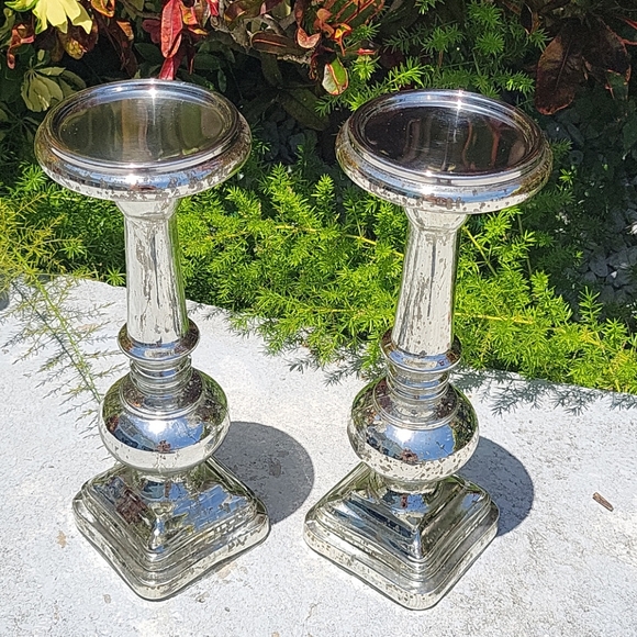 POTTERY BARN Pair of Antique Mercury Glass Pillars